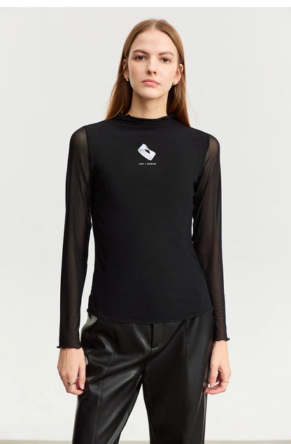 Damen T-Shirt aus gedrucktem Mesh mit slim-fit Halb Stehkragen