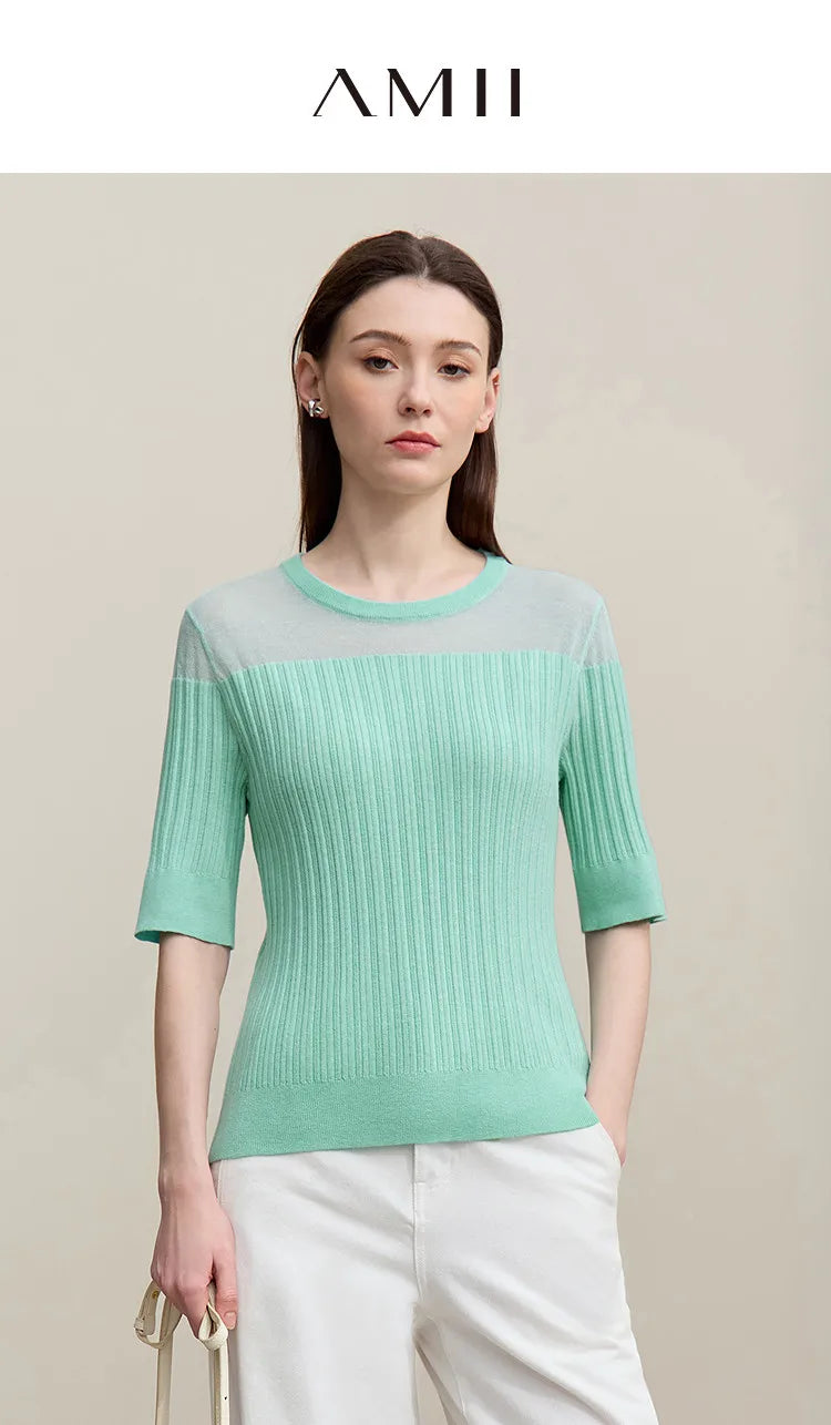 Damen-Stricktop mit Rundhalsausschnitt, Kurzarm, mintgrün, gerippte Oberfläche