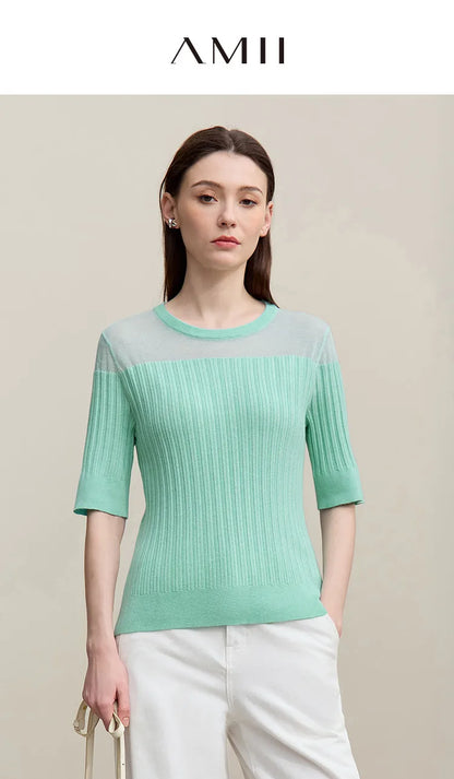 Damen-Stricktop mit Rundhalsausschnitt, Kurzarm, mintgrün, gerippte Oberfläche