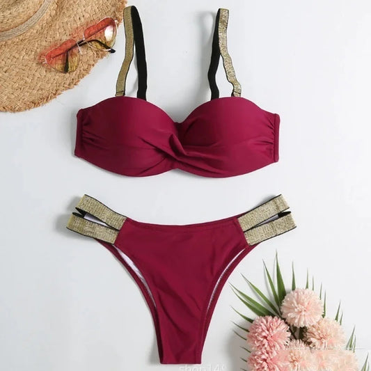 Sexy Bikini-Set in Rosenrot mit Strasssteinen – Push-Up-Badeanzug für Damen am Strand oder Pool