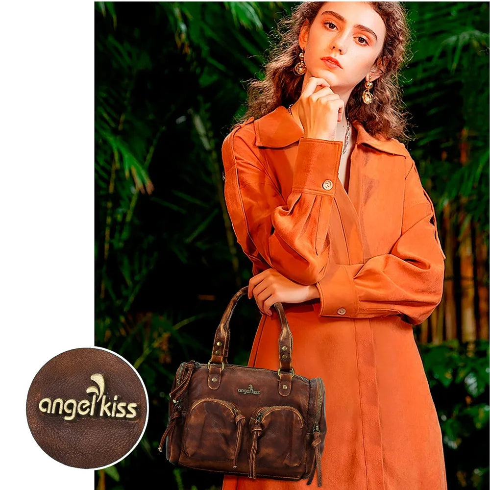 Damen-Handtasche Mit Top-Griff Und Reißverschluss Aus PU-Leder In Vintage-Optik Und Viel Stauraum