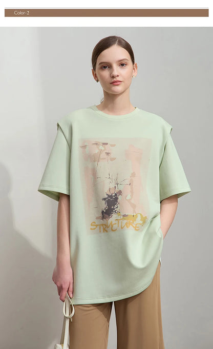 Damen T-Shirt im minimalistischen Stil mit lässigem O-Ausschnitt und Kunstdruck