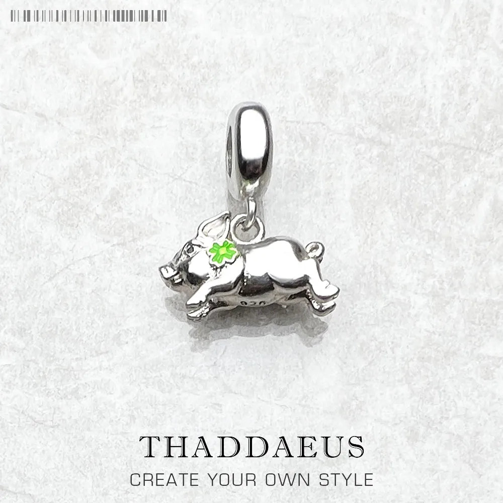 Damen-Charm-Anhänger Schweinchen mit Kleeblatt Glück aus Sterlingsilber