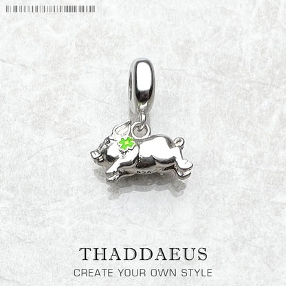 Damen-Charm-Anhänger Schweinchen mit Kleeblatt Glück aus Sterlingsilber