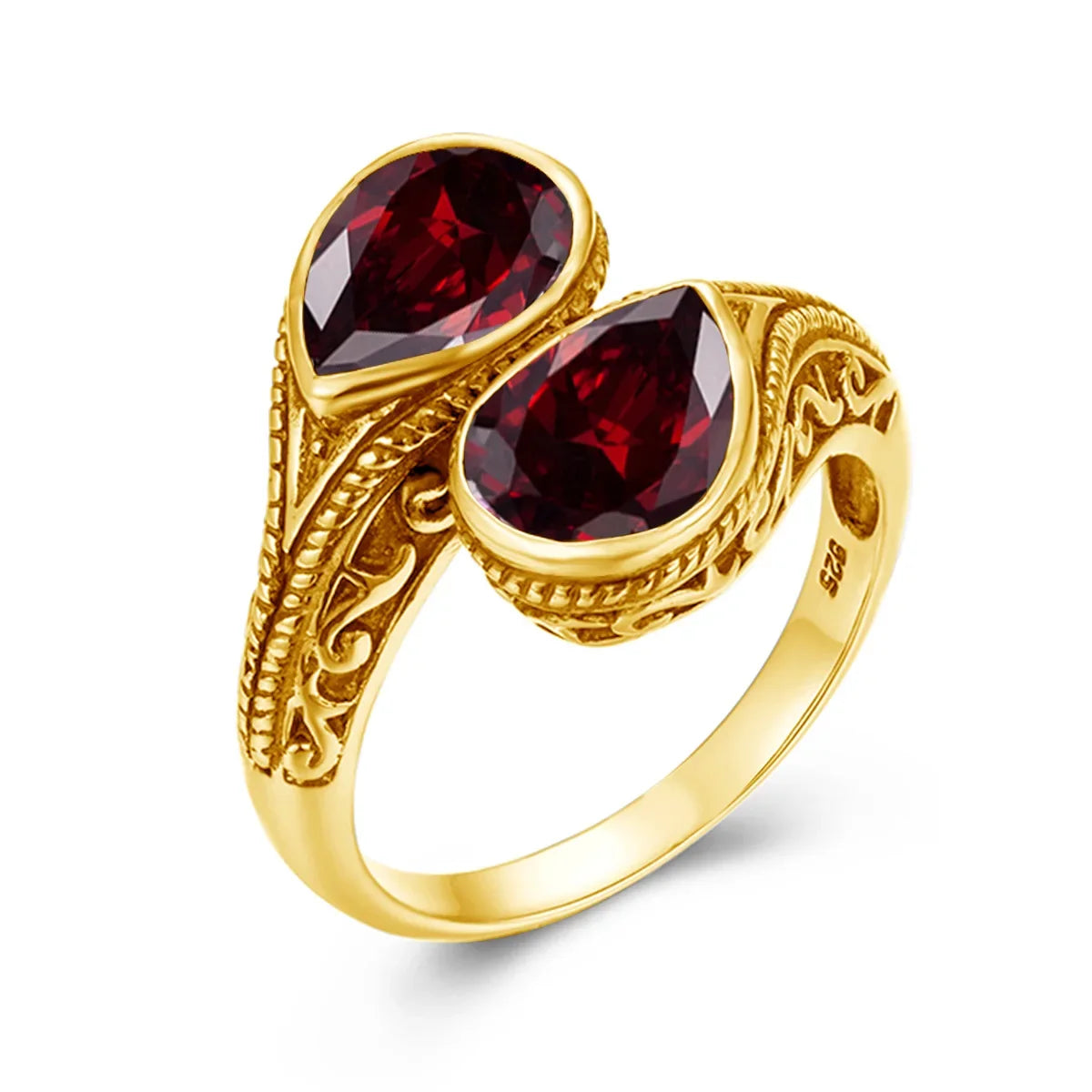 Damen-Ring aus Silber 925 mit zwei Granatsteinen im Vintage Gotischen Stil Eleganter Verlobungs- oder Jubiläumsschmuck