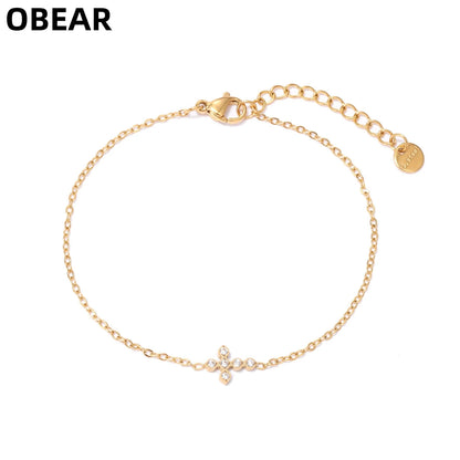 OBEAR 18K vergoldetes Edelstahl-Armband mit zierlichem Kreuz, Micro-Pavé-Armband mit kubischen Zirkonia, minimalistischer Schmuck, Geschenk für Frauen