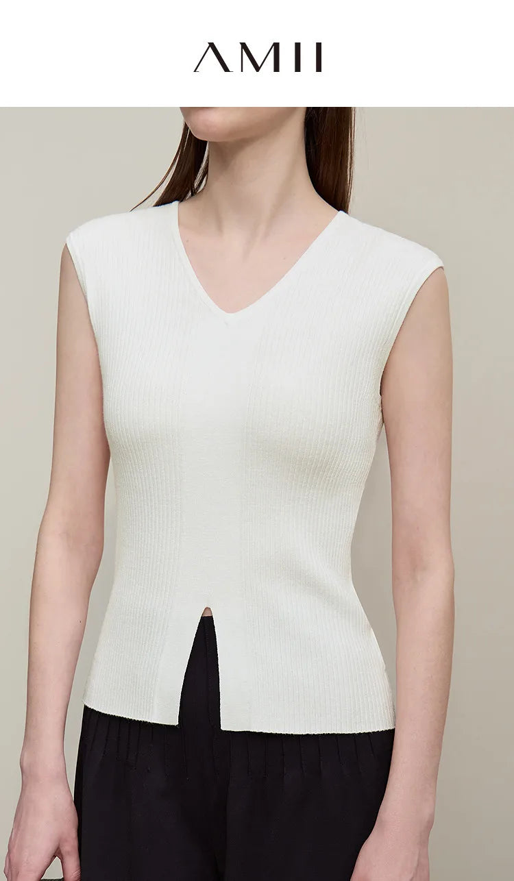 Ärmelloser Strickpullover mit V-Ausschnitt, cremefarben, mit Saum-Schlitz