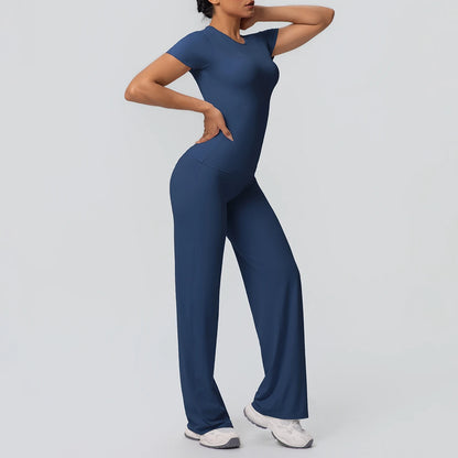 Dunkelblaues Yoga-Set: kurzärmeliges Shirt mit Rundhals und lange, weite Hose