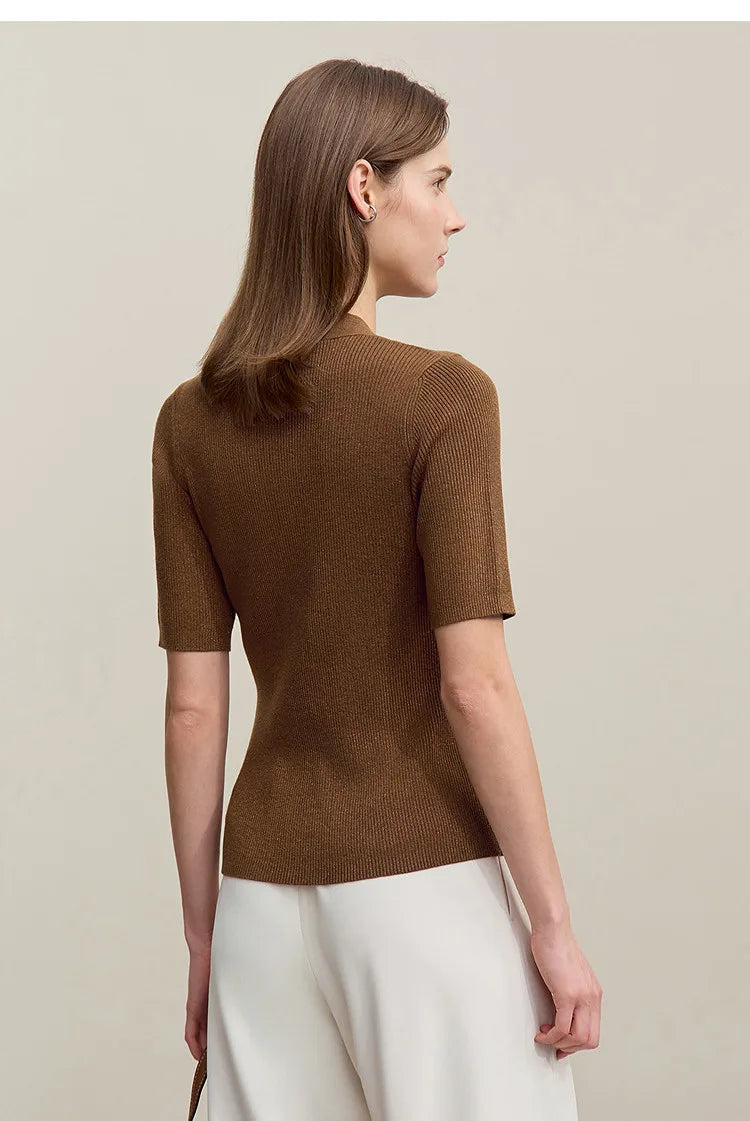 Damen V-Ausschnitt Pullover Wolle-Mix Halbarm Slim Frühling-Herbst