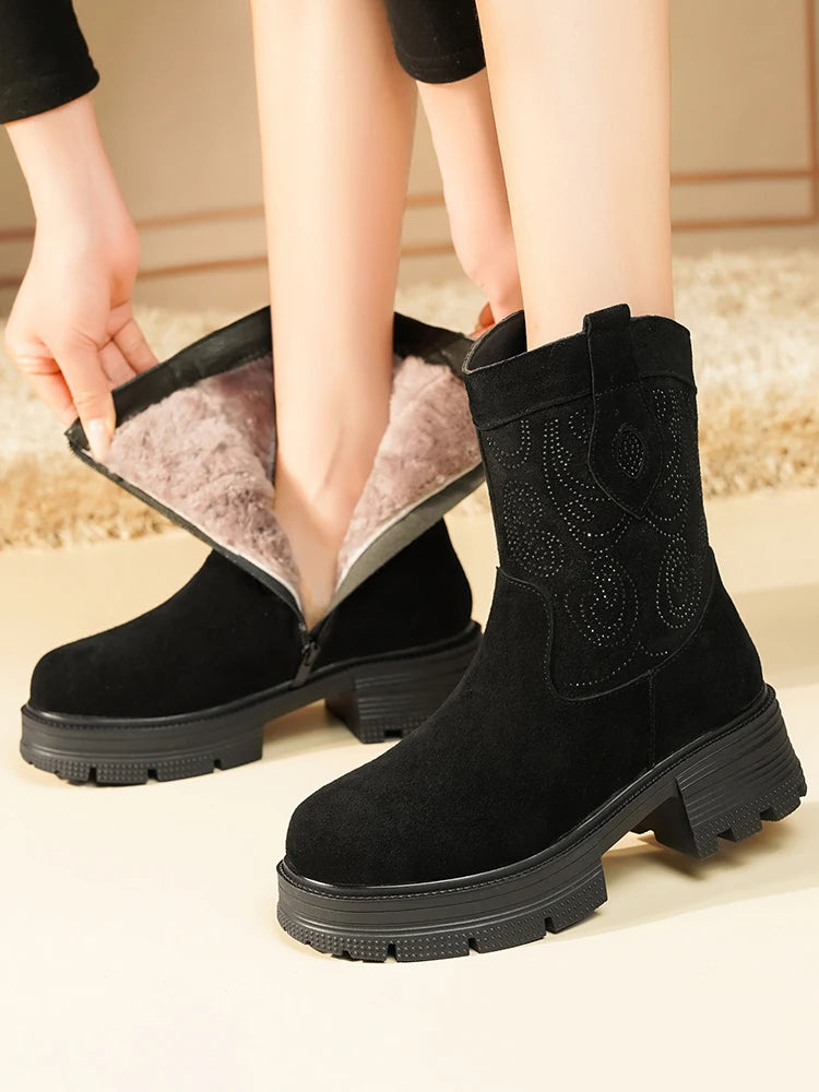 AIYUQI Western Cowboy Boots Women 2025 New Genuine Leather Winter Shoes Boots Women Short Tube Fashion Women's Snow Boots