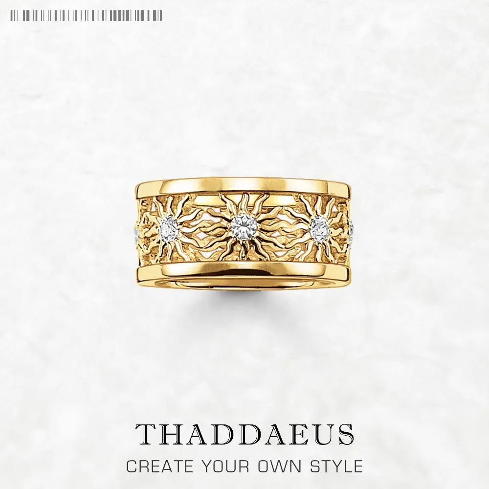 Damen-Ring Bandring goldene Sonne aus Sterlingsilber