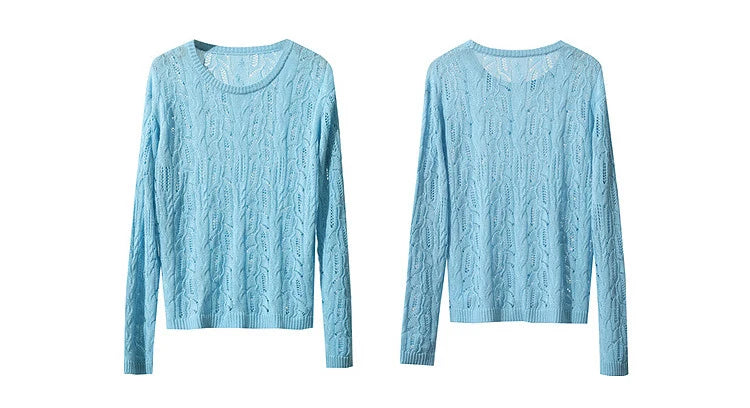 Hellblauer Damen-Strickpullover mit Rundhalsausschnitt und Zopfmuster, Langarm, Vorder- und Rückansicht