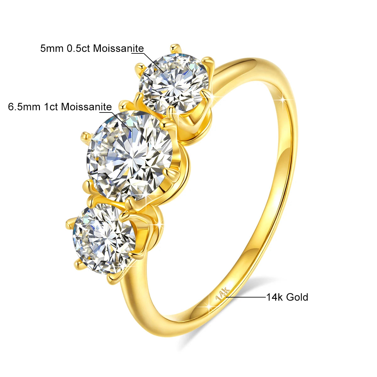 Damen-Verlobungsring aus Gelbgold 14K mit drei Moissaniten und Echtheitszertifikat