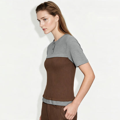 Damen-Rundhalspullover Farbblock Slim Kurzarm Viskose Büro Sommer