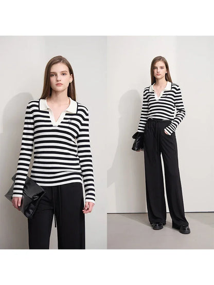 Damen V-Ausschnitt Pullover Streifen Stickerei Polo Kontrastfarben Herbst