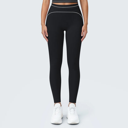 Nahtlose Yoga-Leggings mit hoher Taille, schwarz, enges Bein mit dezenter Umrandung.