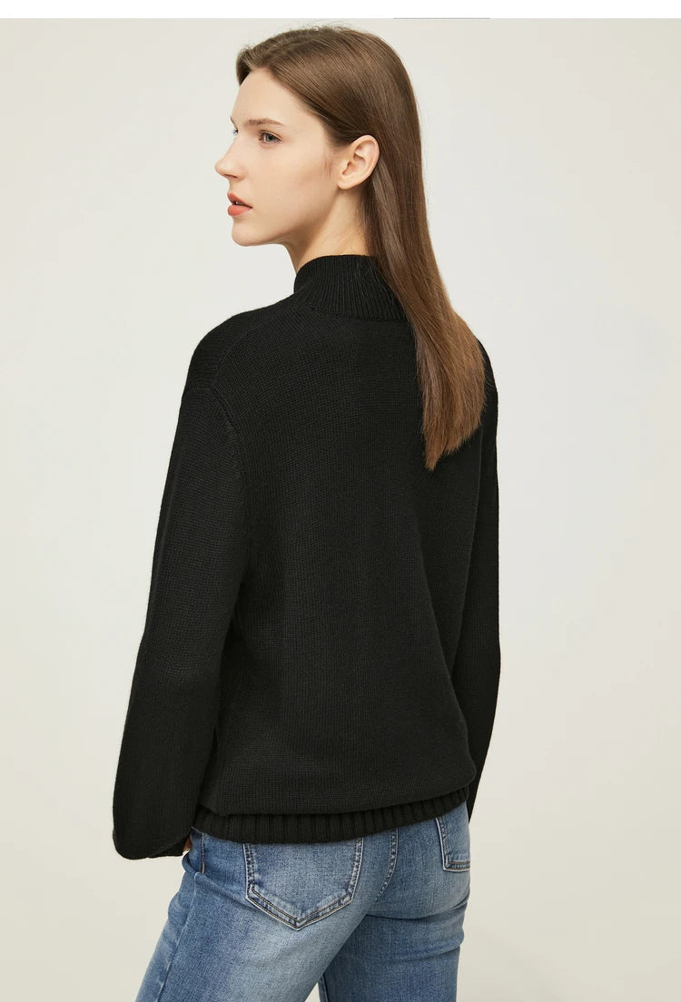 Damen-Strickpullover mit Stehkragen, schwarzer Ton, langarm, locker