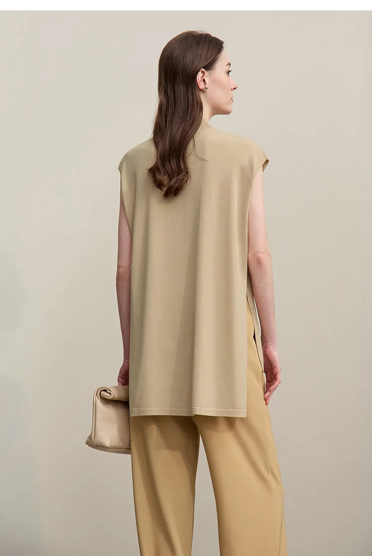 Beiger Damen-Strickpullover mit Stehkragen und kurzem Arm, glatter Saum