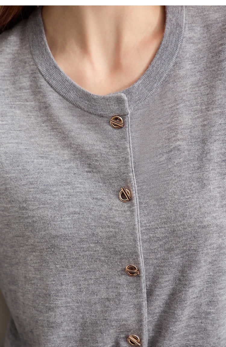 Damen-Strickjacke Rundhals Wolle Metallknopf dünn Büro Herbst