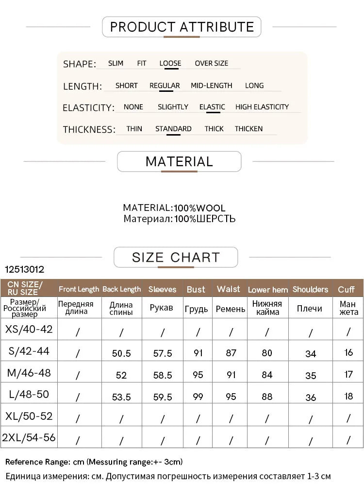 AMII Produktattribut-Infografik: Material 100% Wolle, Größen- und Maßtabelle
