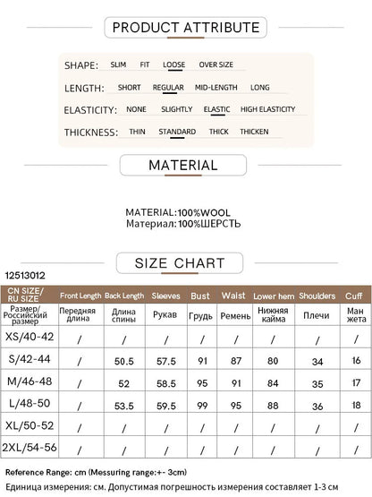 AMII Produktattribut-Infografik: Material 100% Wolle, Größen- und Maßtabelle