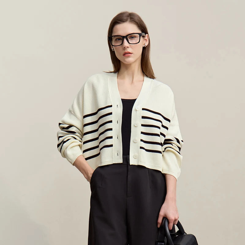 Damen-Strickjacke Baumwolle V-Ausschnitt Kontraststreifen kurz Raglan Frühling