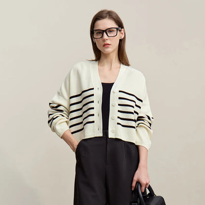 Damen-Strickjacke Baumwolle V-Ausschnitt Kontraststreifen kurz Raglan Frühling