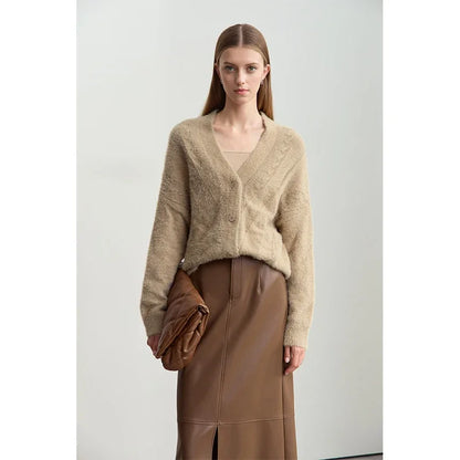 Damen-Strickjacke V-Ausschnitt Nerz-Imitat locker dick Winter