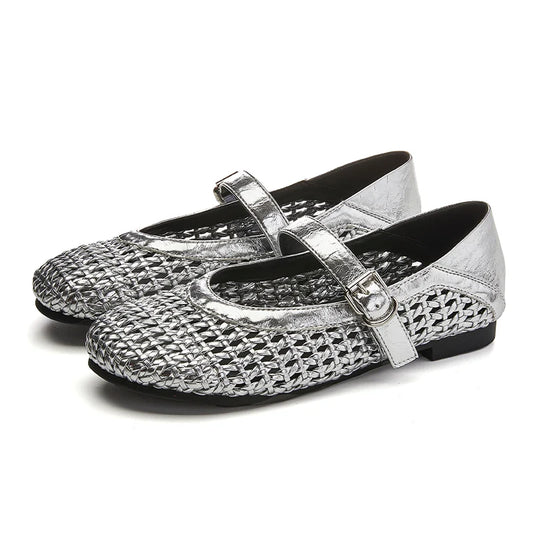 Damen Sandalen Flach Geflochten Mary Jane Slip-On