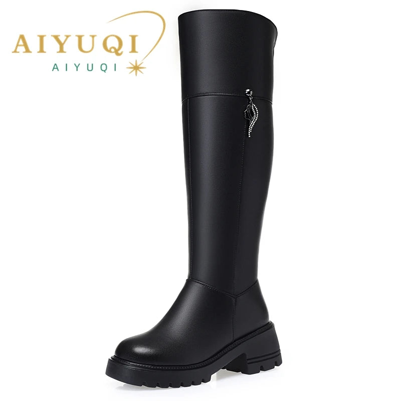 AIYUQI Women's Over The Knee Boots 2025 New Genuine Leather Winter Boots Women Wool Heel Platform Women's Boots