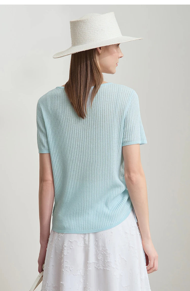 AMII Damen-Pullover, kurzarm, Rundhals, hellblauer Rippenstrick mit Kordelzug am Saum