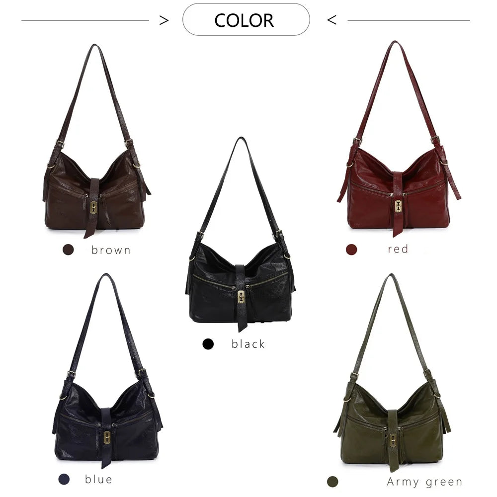 Damen-Schultertasche aus Vintage Öl-Wachs-Leder mit großem Stauraum und Mehrfach-Reißverschlussfächern