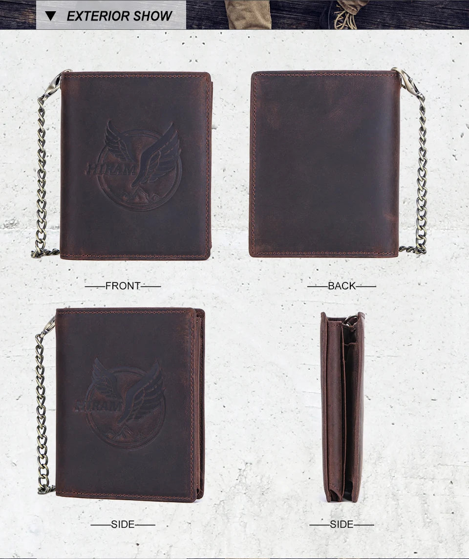 Herren Echtleder Geldbörse Trifold Metallkette RFID Kartenhalter Geldclip