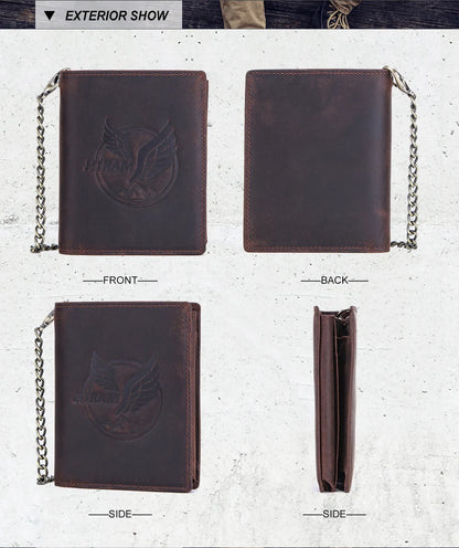 Herren Echtleder Geldbörse Trifold Metallkette RFID Kartenhalter Geldclip