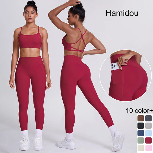 Damen Yoga-Set mit Sport-BH und Leggings, tiefrot, mit Seitentasche