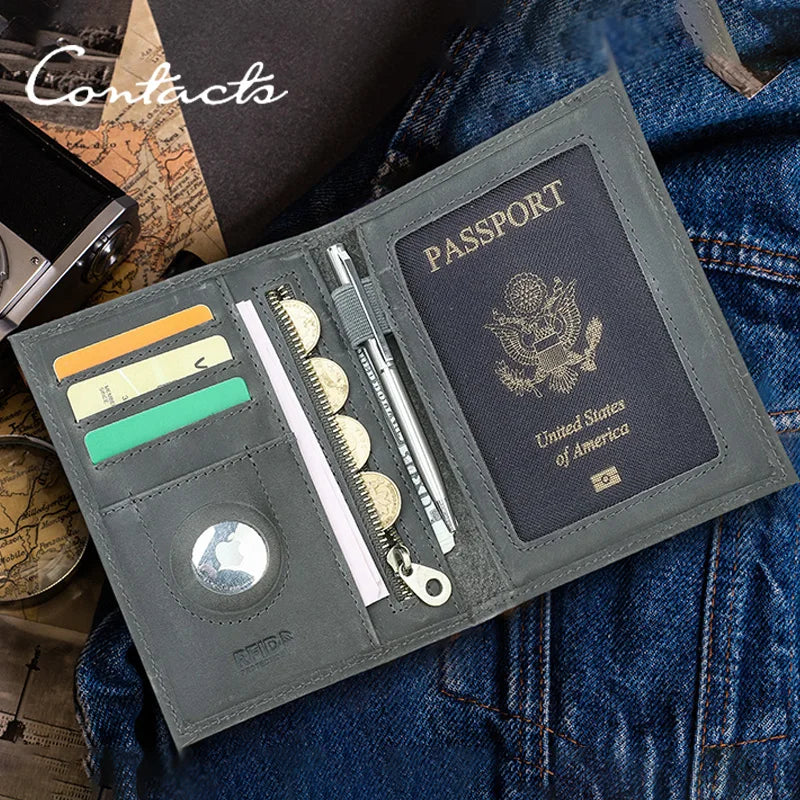 Graue Reisepasshülle aus Leder mit Kartenfächern, Reißverschluss und Münztasche