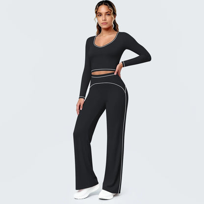 Schwarzes Damen Yoga-Set: Langarm-Top mit Cut-out und ausgestellte Leggings