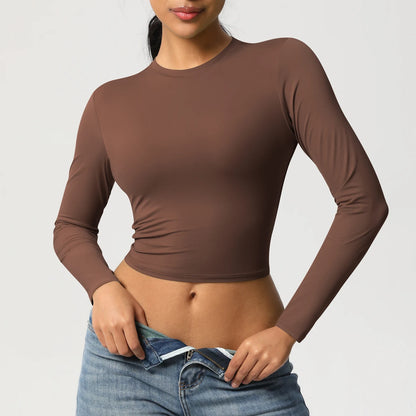 Damen-Langarmshirt Slim Fit braun mit Rundhalsausschnitt und langen Ärmeln