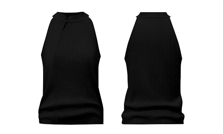 Schwarzes Stricktop-Set, ärmellos: Vorder- und Rückansicht im Detail