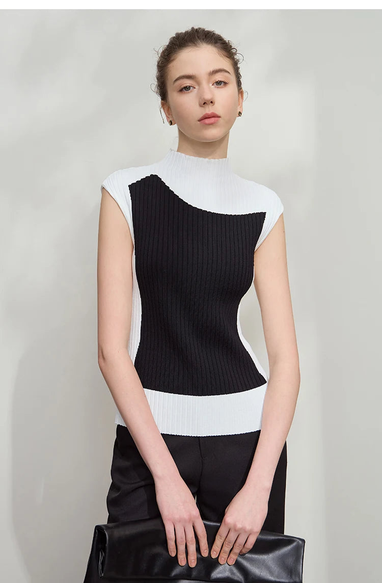 Zweifarbiger ärmelloser Damen-Strickpullover mit hohem Rollkragen, schwarz/weiß