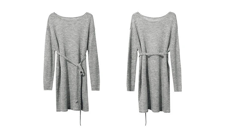Strickpullover in meliertem Grau mit Gürtel, Rundhalsausschnitt, lange Ärmel, lockerer Schnitt