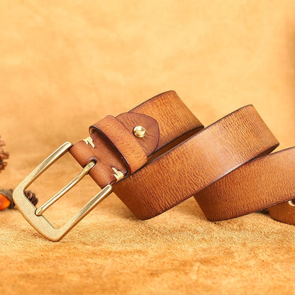 Herren Echtleder-Gürtel Vintage Kupferschnalle Handgemacht Rindsleder Jeans 3,8 cm