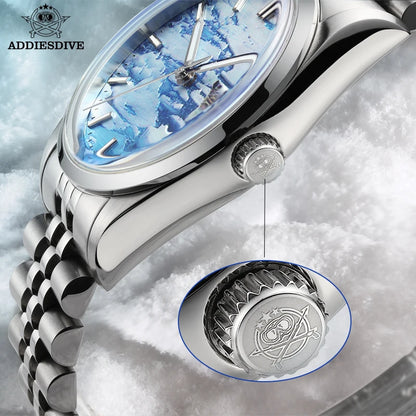 Herren-Automatikuhr mit 3D-Gletscher-Zifferblatt und Bubble-Glas