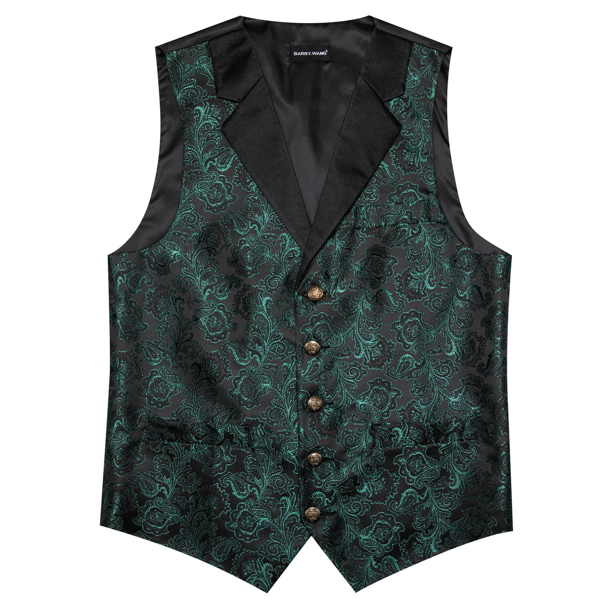 Dunkelgrüne Jacquard-Herrenweste mit schwarzem Revers und goldfarbenen Knöpfen