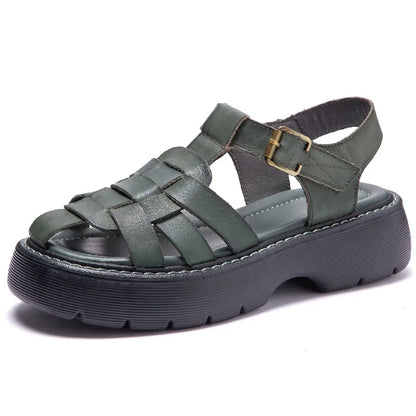 AIYUQI Sandalen Frauen Sommer 2025, Neue Echtes Leder Baotou Römischen Sandalen Damen Retro Hohl Gewebt Frauen Sandalen