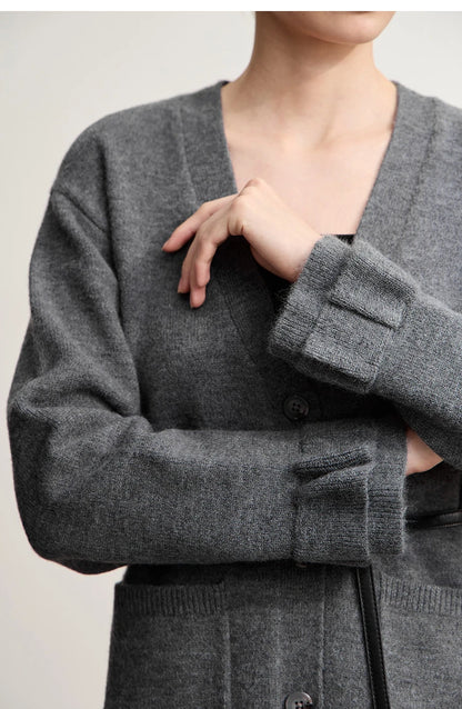 Damen-Strickjacke Wolle V-Ausschnitt Pendler einreihig locker Winter