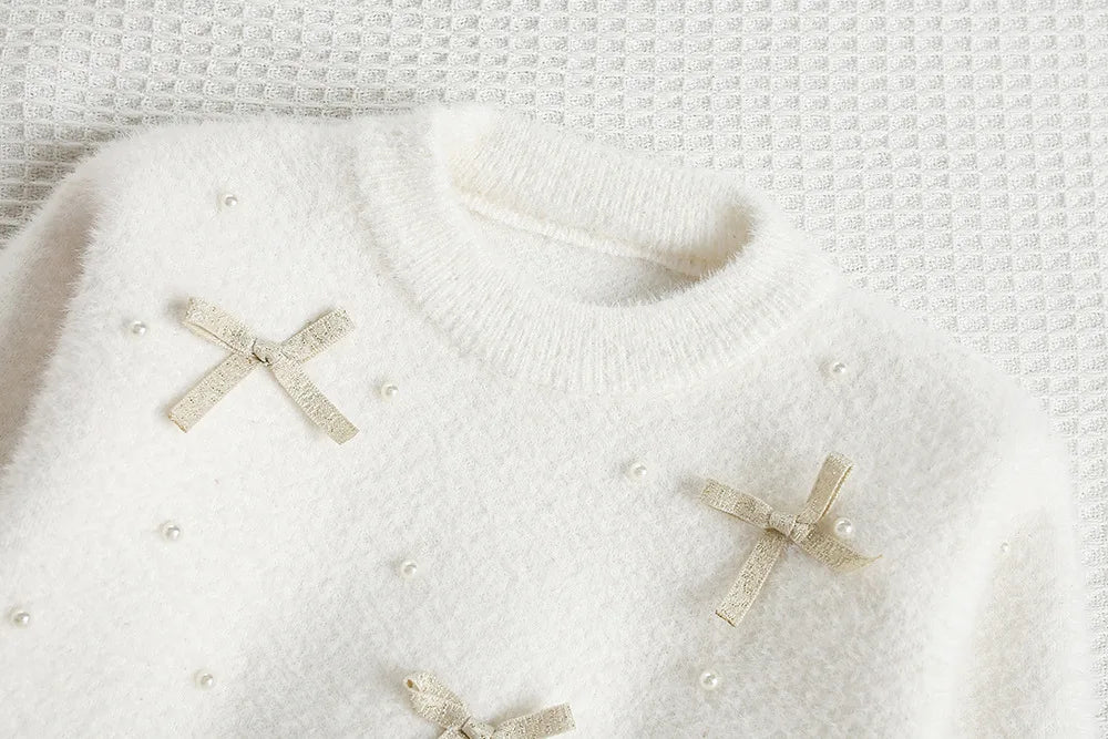Mädchen Pullover mit niedlichem Bogen und Perlen für die Herbstsaison