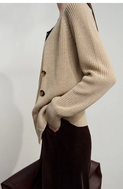 Damen-Strickjacke V-Ausschnitt Raglan asymmetrisch französisch locker Herbst