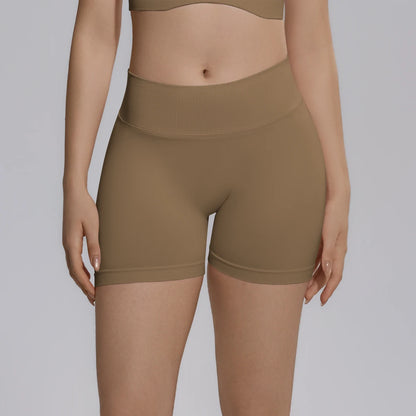 Nahtlose Yogashorts für Damen in Olivbraun, breiter Bund, nahtarme Optik