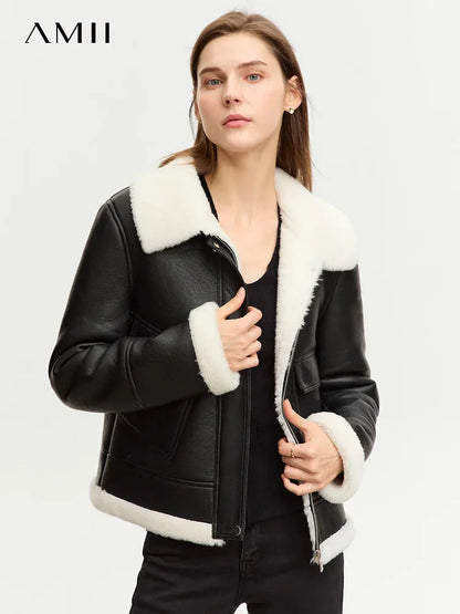 Damen Winterjacke aus PU mit Taschen im französischen Vintage-Stil